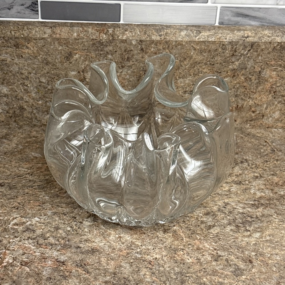 Vintage Art Studio Glass Clear Bowl Vase Handkerchief Pinch Pleat Heavyโ Glass
